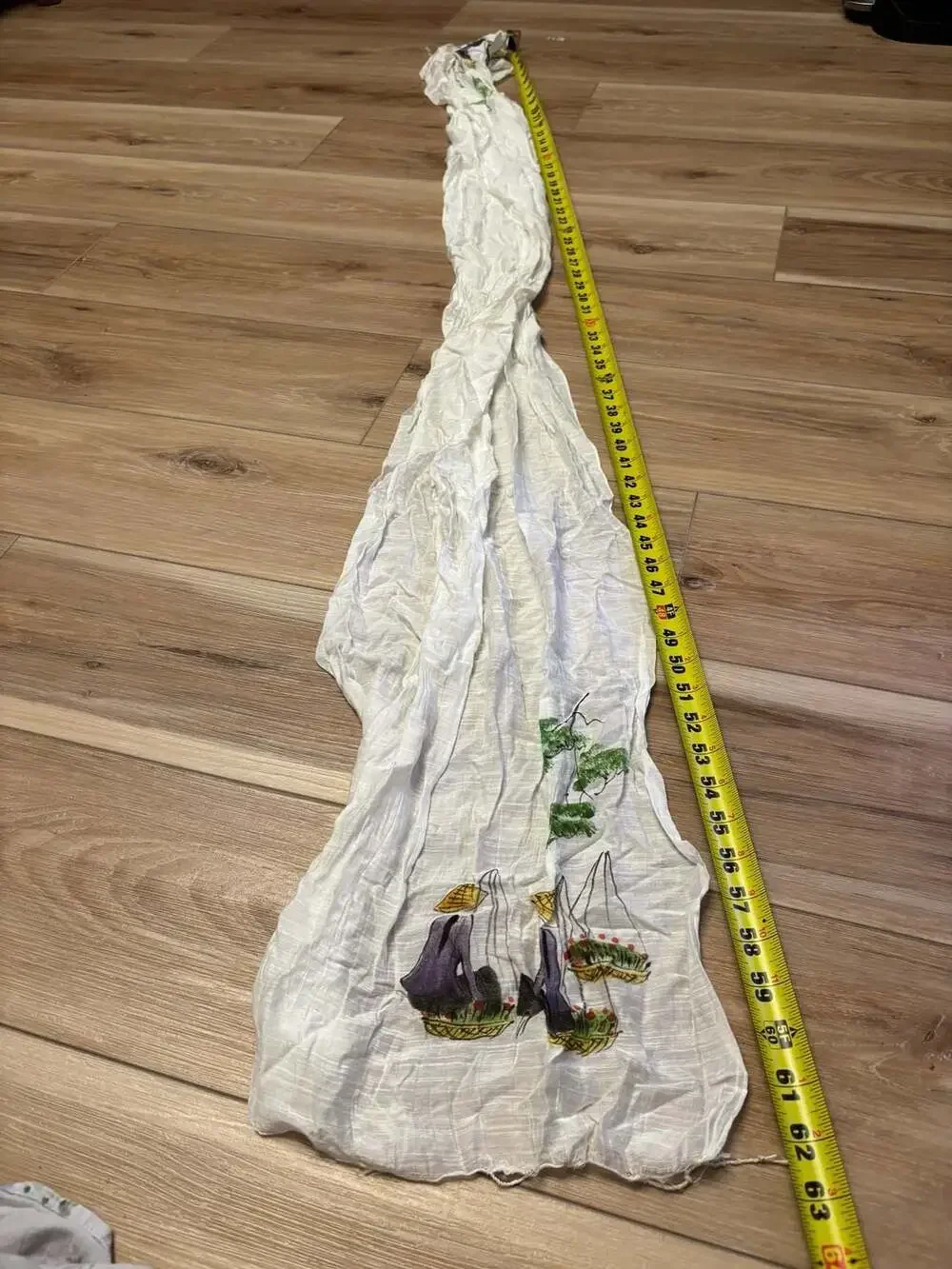 Hand-Painted Traditional Vietnamese Scene Crinkle Cotton Scarf
